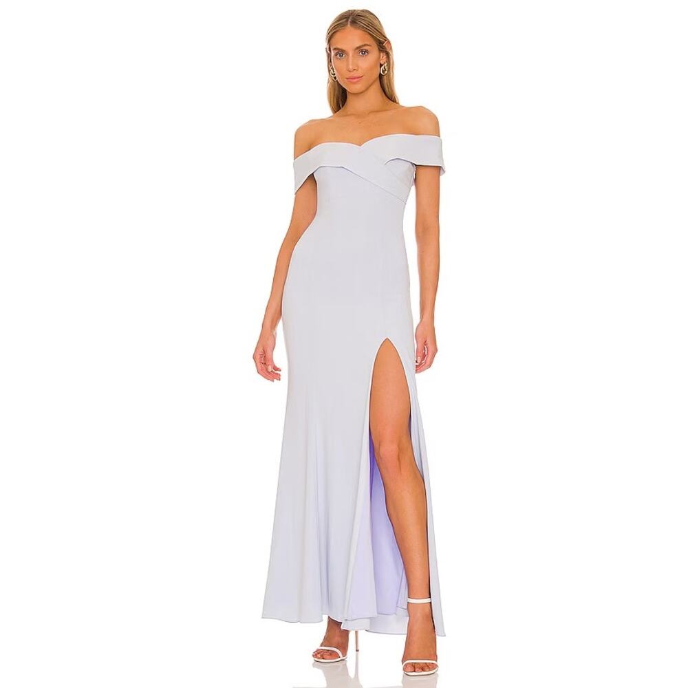 NWT Lovers + Friends Hailey Off-Shoulder Slit Thigh Maxi Dress Baby Blue Medium